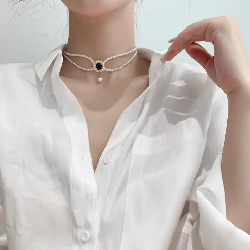 

XIAOBOACC Korean Fashion Necklace for Women Double Pearl Diamond Water Drop Oval Blue Gemstone Neck Chain Free Shipping