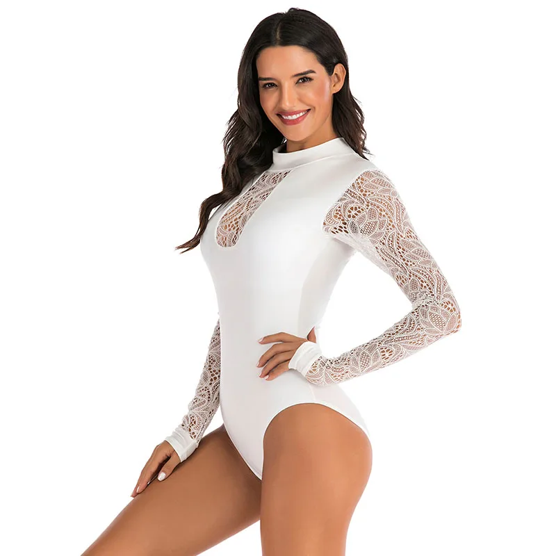 New See Through Long Sleeve Rash guards Women Mesh Swimwear One Piece Swimsuit Sports Surf Beach wear Bikini Bathing Suits