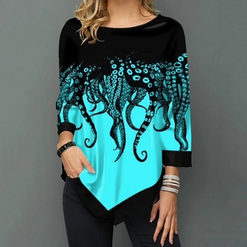 Новые осенние женские топы с модным цветочным принтом и асимметричным подолом