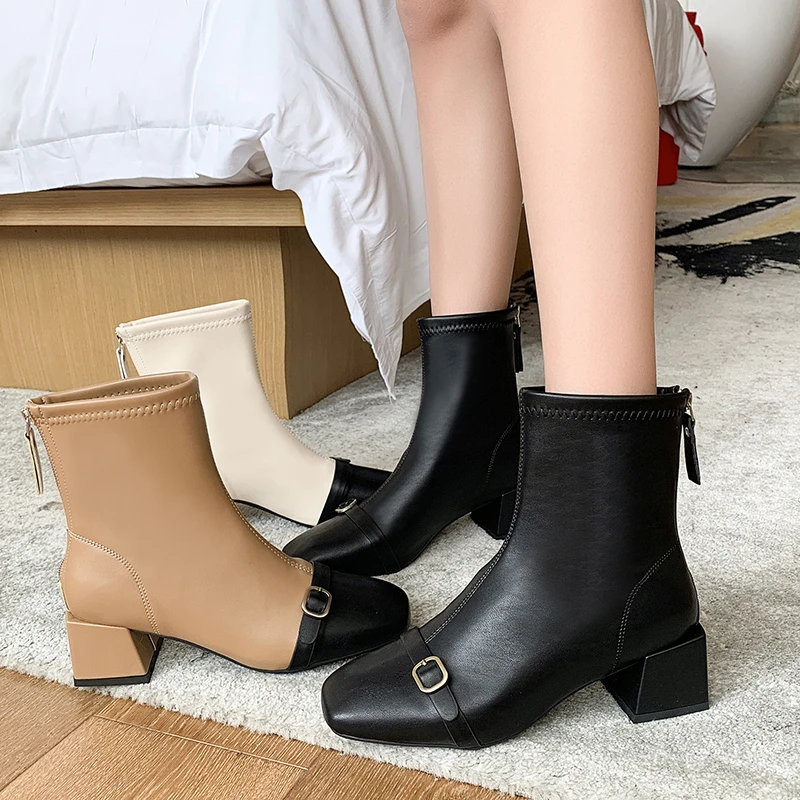 

Women Autumn Winter Martin Boots PU Leather Square Toe Chelsea Boots Plush 5cm Heel Color Matching Snow Boots Botas De Mujer