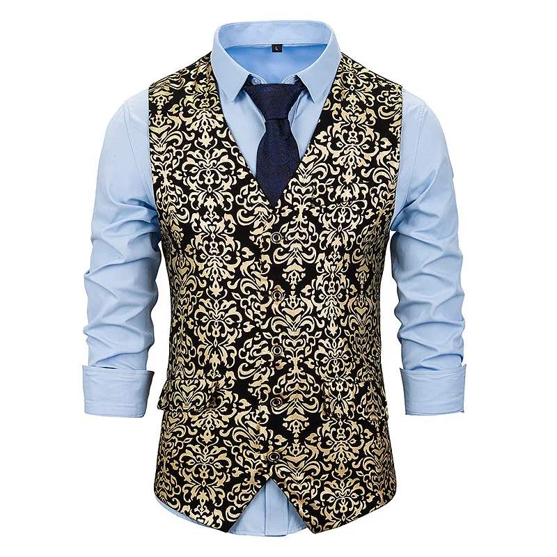 Однобортный мужской жилет в стиле стимпанк роскошный жаккардовый с золотым