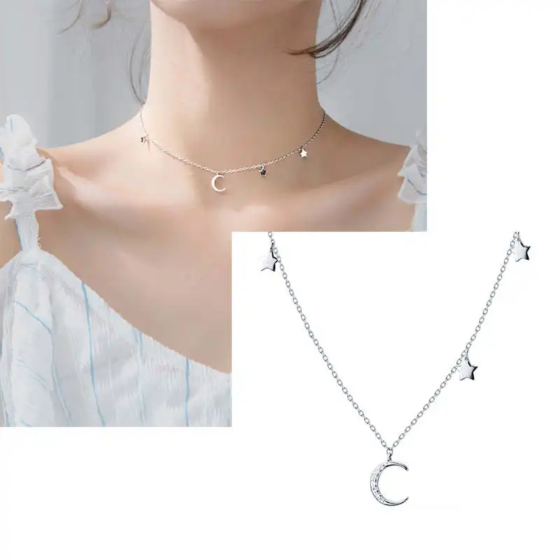 

PONYKISS Trendy S925 Solid Sterling Silver Moon and Stars Choker Necklace Chain Women Party Fine Accessory Birthday Chic Gift