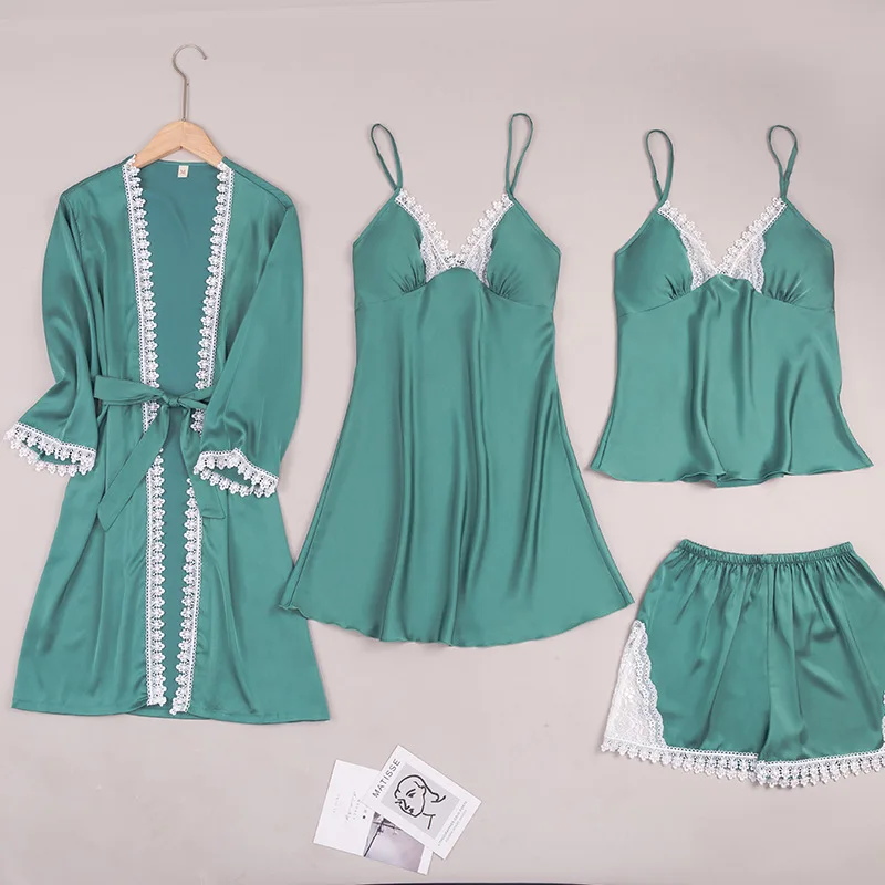 

Satin Kimono Gown Women Pajamas Set Lounge Wear 4PCS Robe Set Sexy Robe Suit Lingerie Summer New Nightwear Home Clothes