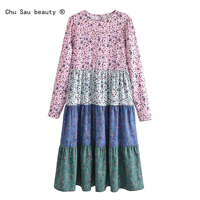 

Vintage Fashion Spring Autumn New Boho Woman Round Neck Stitching Loose Long-Sleeved Midi Dress Beach Vacation