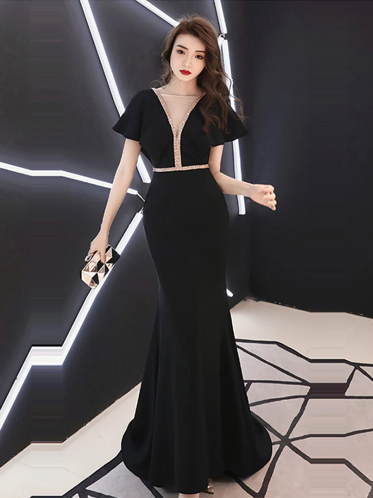 Вечернее платье Soild v-образным вырезом с коротким рукавом Robe De Soiree в пол, со стразами женские вечерние платья с открытой спиной F159