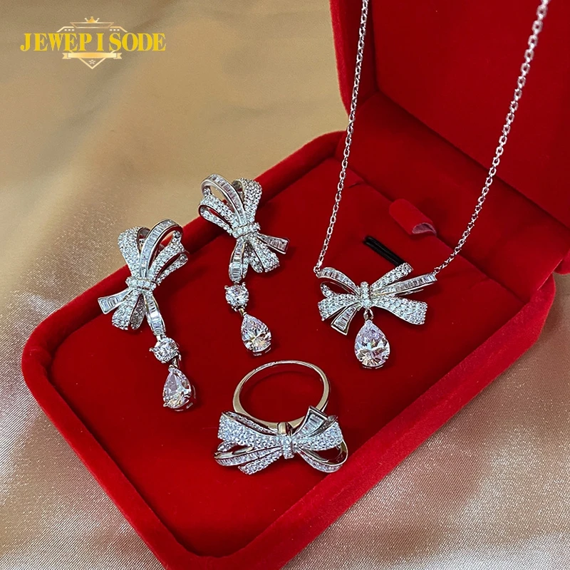 

Jewepisode 100% 925 Sterling Silver Bowknot Simulated Moissanite Diamond Jewelry Sets Ladies Earrings Ring Necklace Wedding Gift