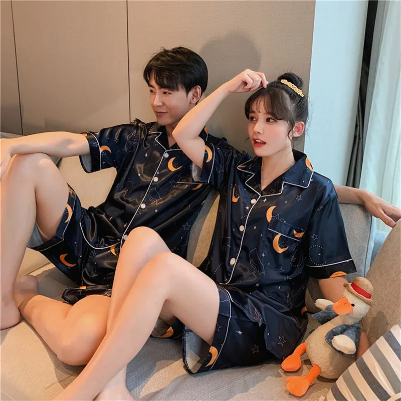 

Pajamas Set Couple Ice Silk Pajamas Women Short Sleeve Shorts Cardigan two-piece suit Pajamas Sets High Quality Casual Home Wear