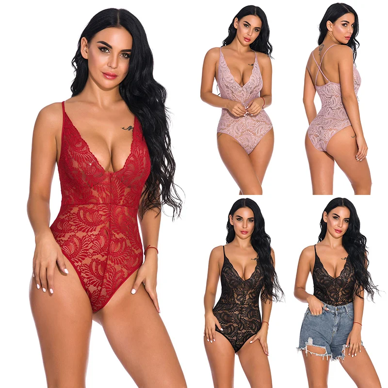 

Women Sleeveless Solid Color Lace Deep V Neck Jumpsuit Lingerie Fashion for Home TC21