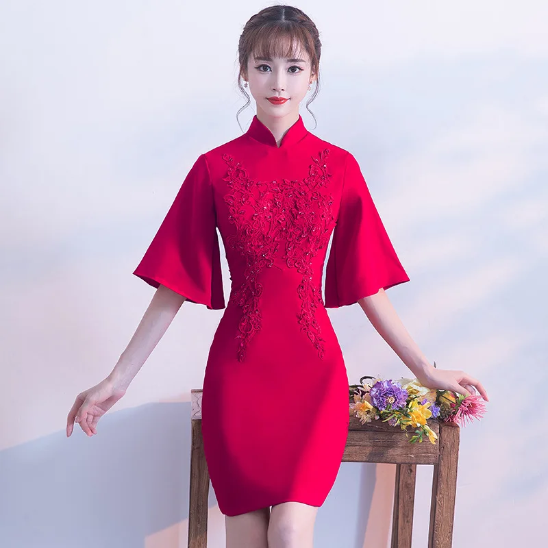 Для женщин красного цвета для невесты Cheongsam вечерние свадебное платье Qipao модный