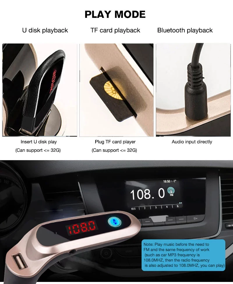 

Car Charger Hands-free FM Transmitter Bluetooth Car Kit LCD MP3 Player Dual USB AUX Player Car Phone Charger 3.1A For iPhone