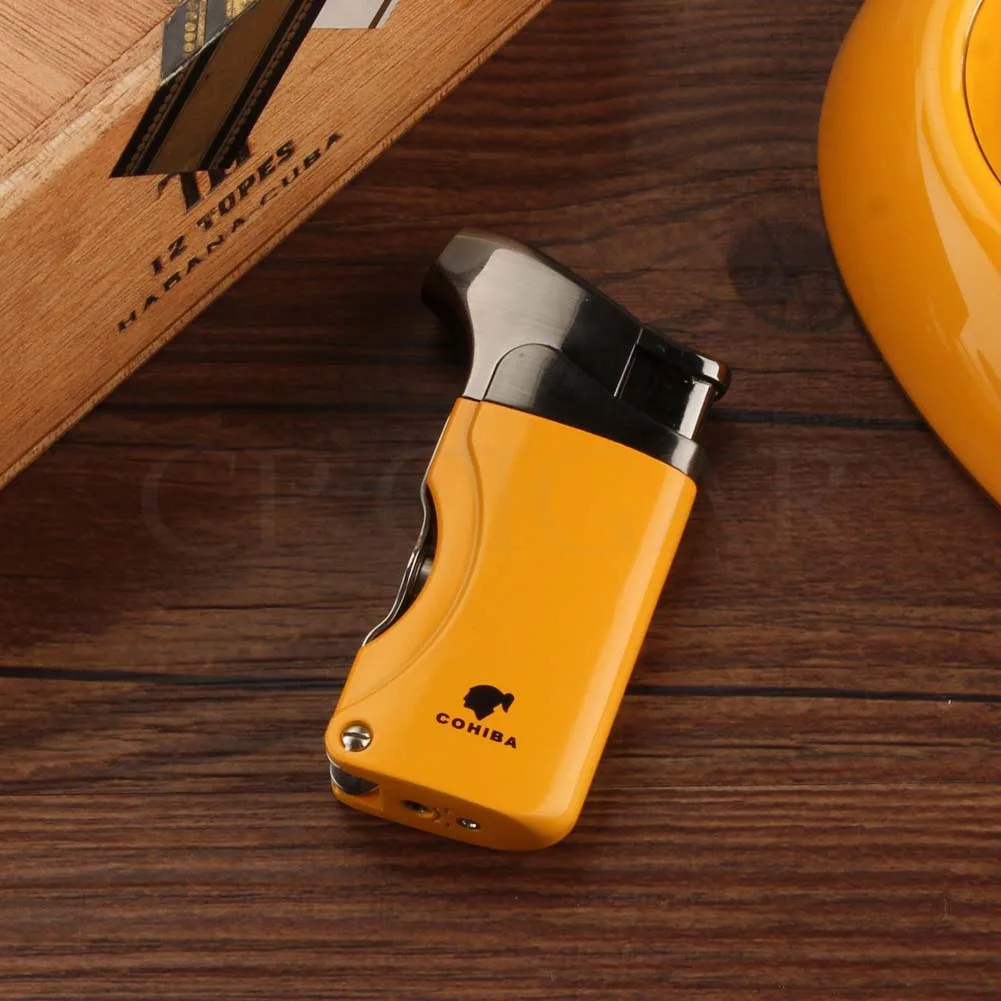 COHIBA зажигалка факел для сигарет; защита от ветра зажигалки роскошный бутан 1 струйная металлическая коробка для Сигар Зажигалка карман Встроенный 2 сигары удар - Цвет: YELLOW