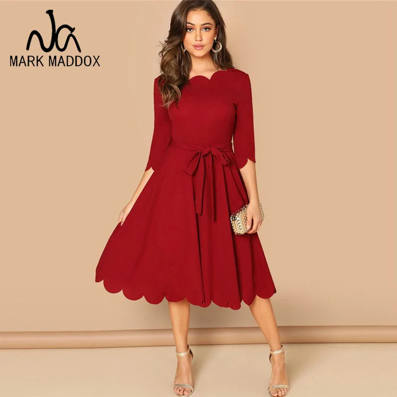 Элегантное платье с фестонным краем облегающее Для женщин бордовый 3/4 длинным