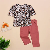 kids suit set leopard print short sleeve tops solid color pants waist belt for toddler 1 6 years girls summer fashion set