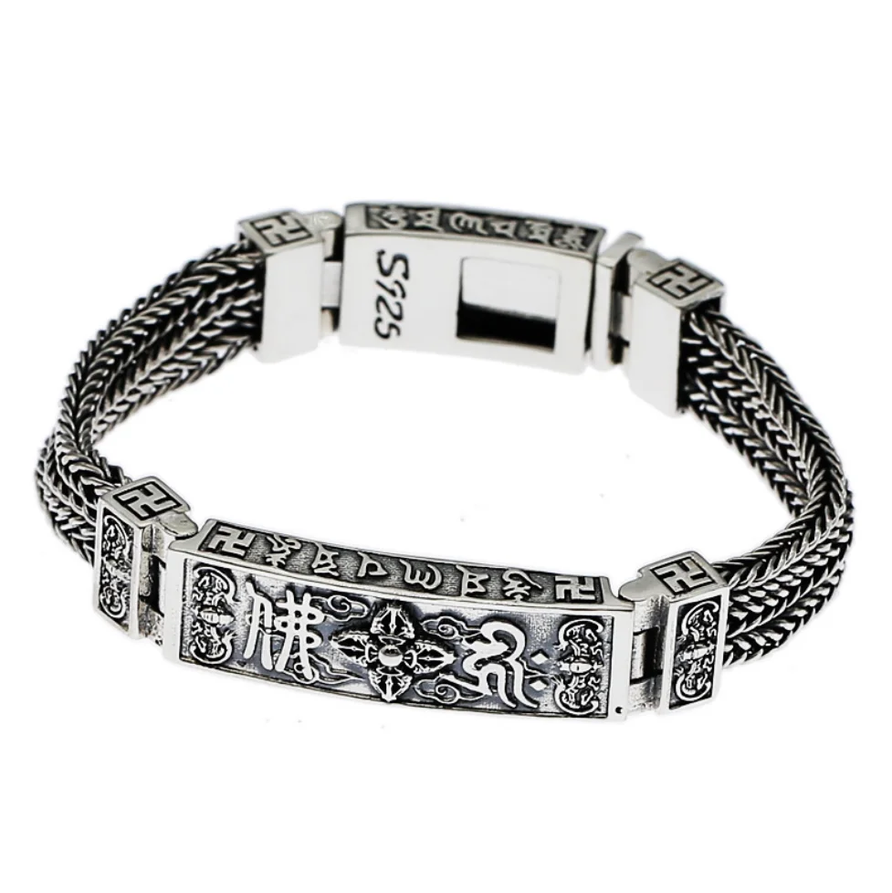 

925 sterling silver vintage Thai silver classic horse whip rope men's bracelet 6-character mantra jewelry about 54.45 grams