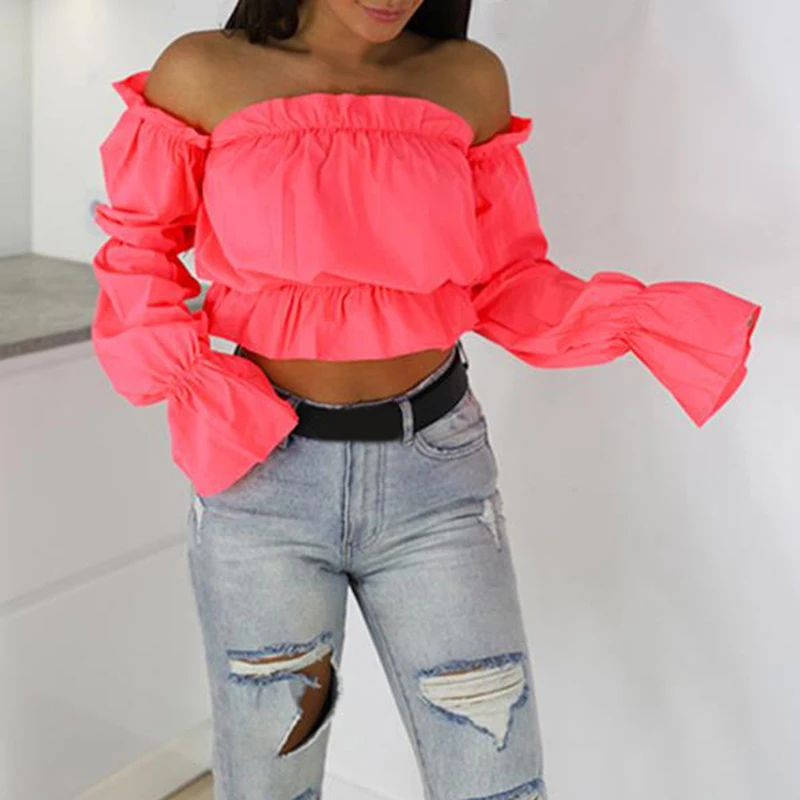 Женский укороченный топ с открытыми плечами ярких цветов Осенний прочный фонарь