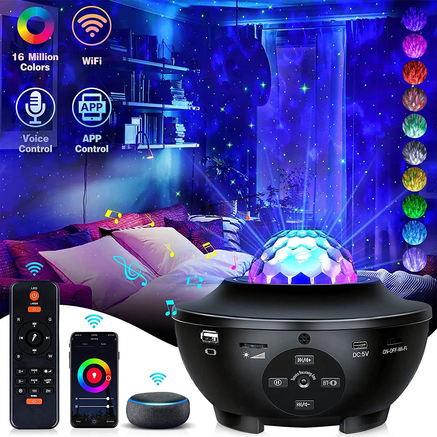 

Умный Галактический проектор с Wi-Fi, Звездный проектор, ночник с Bluetooth, музыкальный динамик, 3 в 1, Звездный проектор для детской, спальни