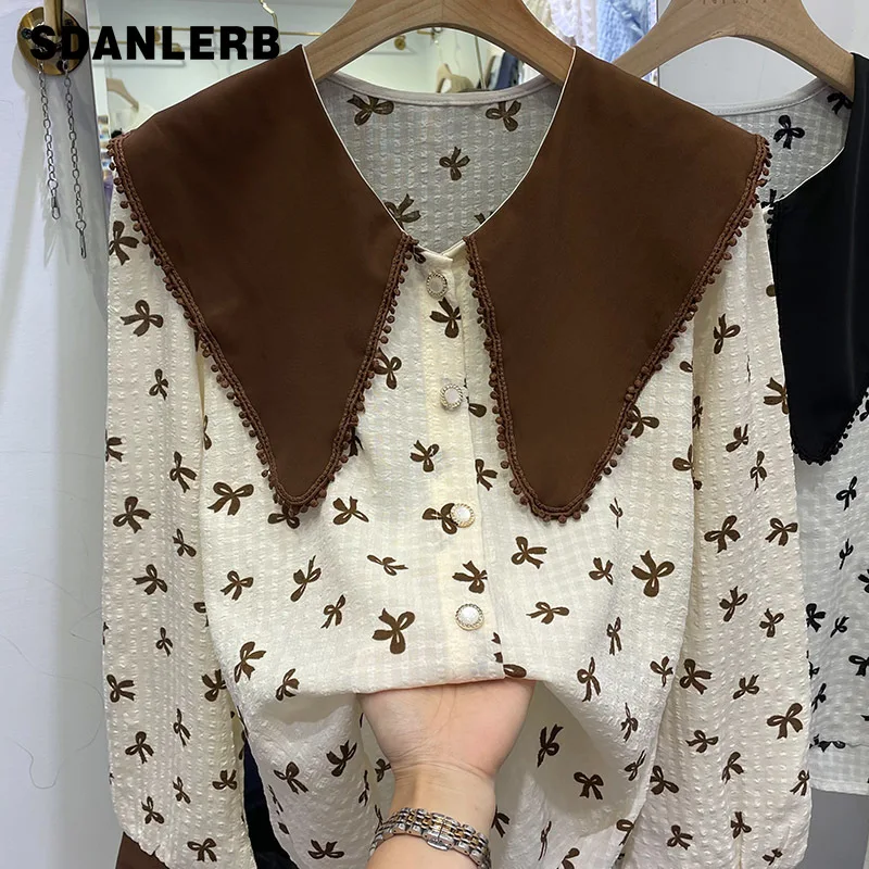 

Camisas De Mujer Lace Stitching Shirt Women's 2021 Autumn New Korean Style Fashion Long Sleeve Top Fashion Loose Printed Blouse