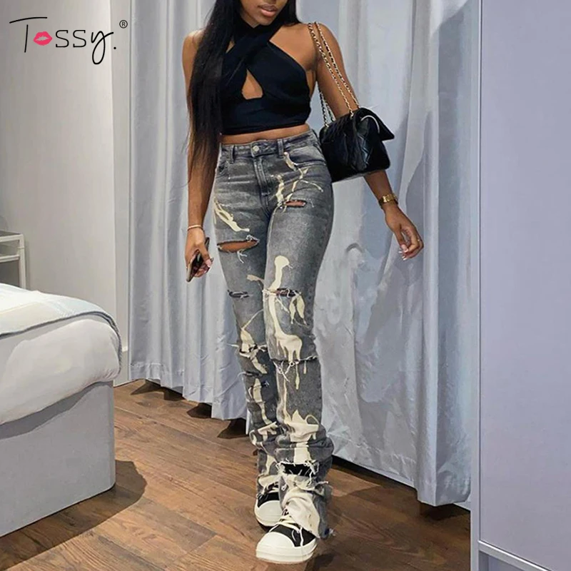 

Tossy Graffiti Design Ripped Stacked Jeans Patchwork Femme Baggy Gray Straight Leg Pants Casual High Waist Trousers Printed 2021