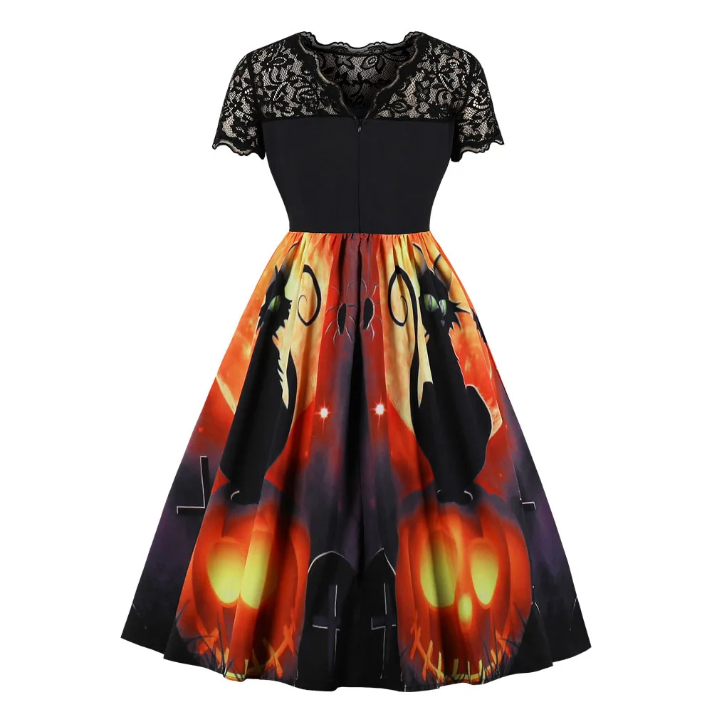 WEPBEL Новое поступление Женская мода короткий рукав А-силуэт Тыква Печать кружева