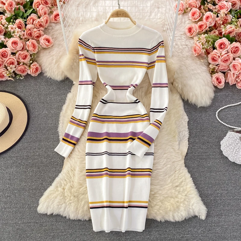 

Autumn Winter Korean Sweater Dress Vintage Stripe Knitted Dress Women Sexy Bodycon Long Sleeve Elastic Slim Dresses