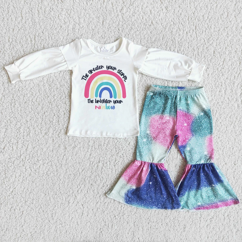 

Free Shipping Children Rainbow Print Blouses Match Tie-Dye Flare Pants Girl Fashion Long Sleeve Outfit For Spring Autumn