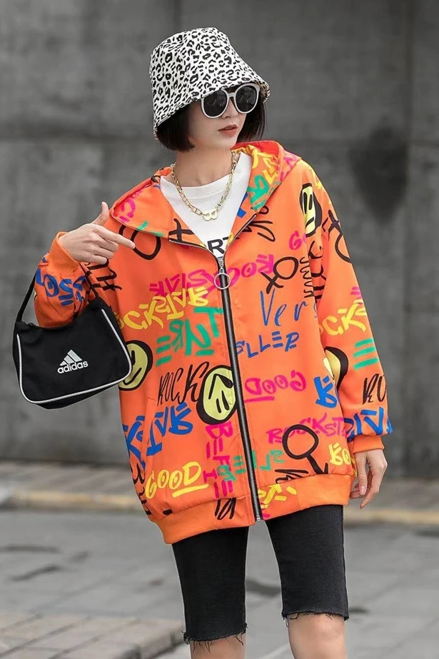 

Women's plus size jacket 2021 tide brand new ins cartoon printing loose cardigan jacket age reduction hooded thin blouse women