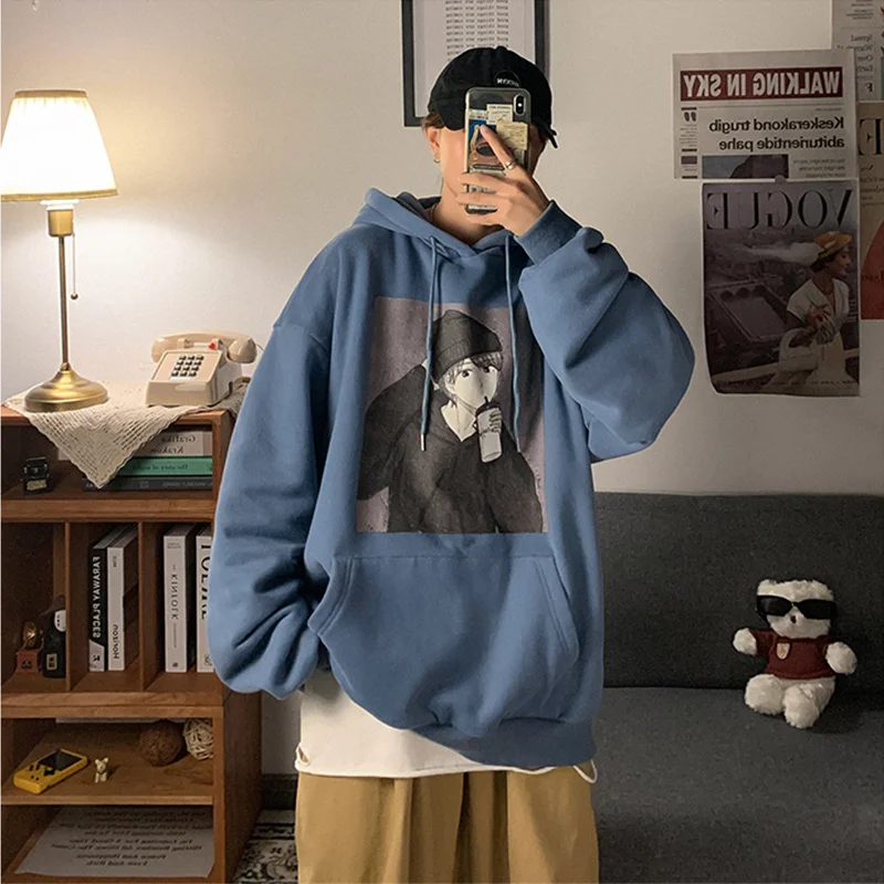 Autumn Winter New Anime Men Hoodie Fashion Cartoon Print Men's Hoodie Loose Fleece Hooded Sweatshirt High Quality S-3X