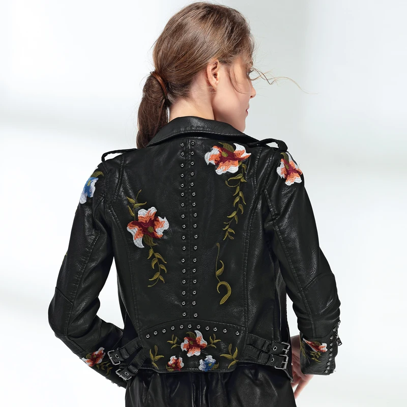 Women Floral Print Embroidery Faux Soft Leather Jacket Coat Turn-down Collar Casual Pu Motorcycle Black Punk Outerwear enlarge