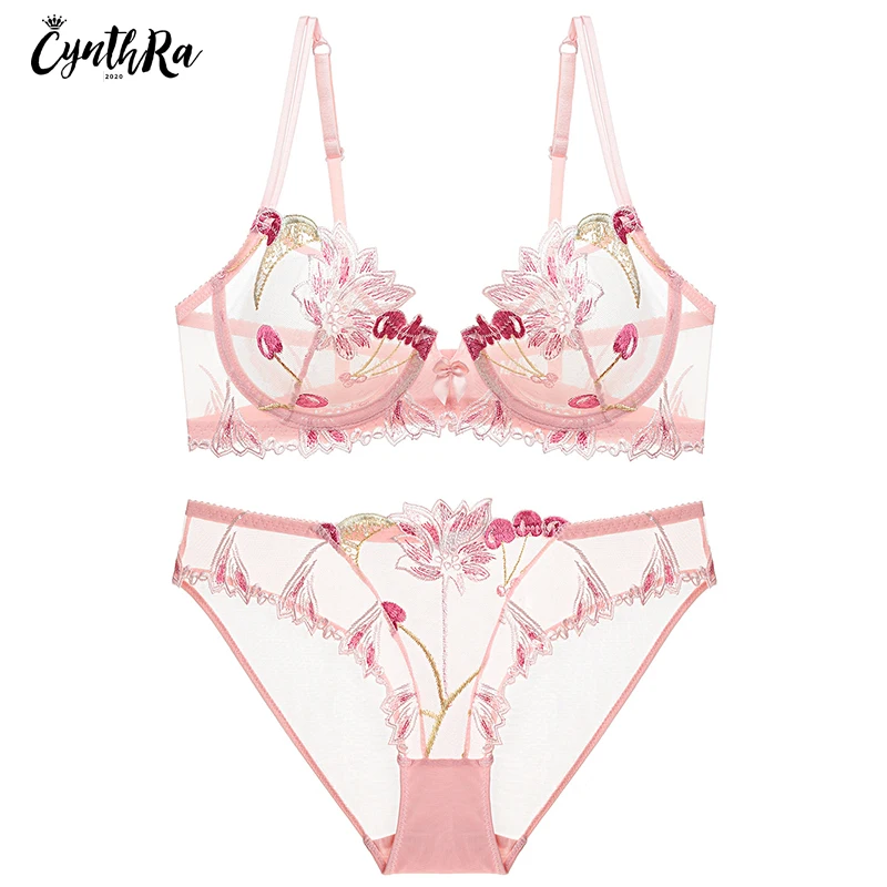 

Transparent Bras Set Women Nylon Sexy Pink Cherry Underwear Thin Large Size Bra and Panty Femme Lace Embroidery Bralette Sets