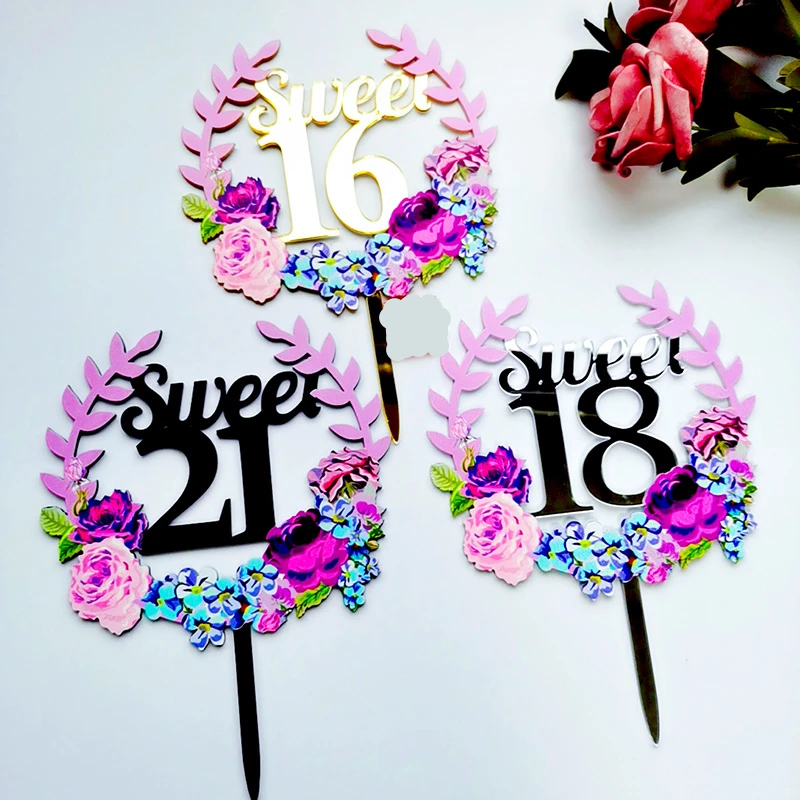 

New Sweet16 18 21 Number Flower Acrylic Cake Topper Colour Printing Cake Topper For Anniversary Brithday Party Cake Decoration