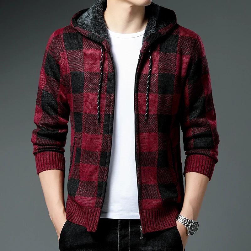 New Men's Cardigan Plaid Fleece Coat Autumn Winter Korean Hooded Sweater Loose Knitted Warm Y2K Male Hooded Zip Up Jacket