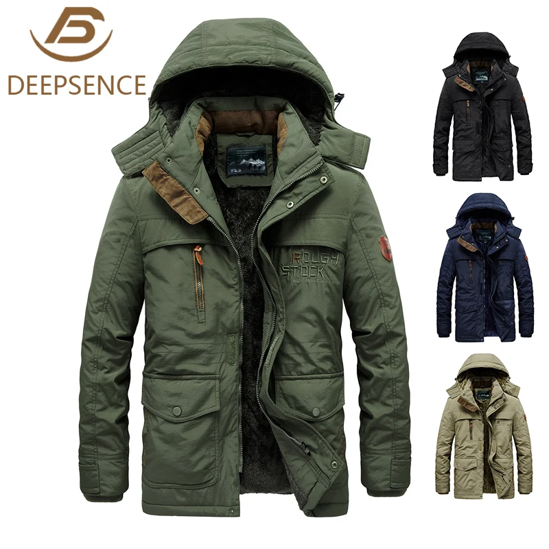 

Autumn Winter Men Windproof Keep Warm Outdoor Casual Plus Velvet Jackets Mens Parker Mid-length Thicken Waterproof Sports Jacket