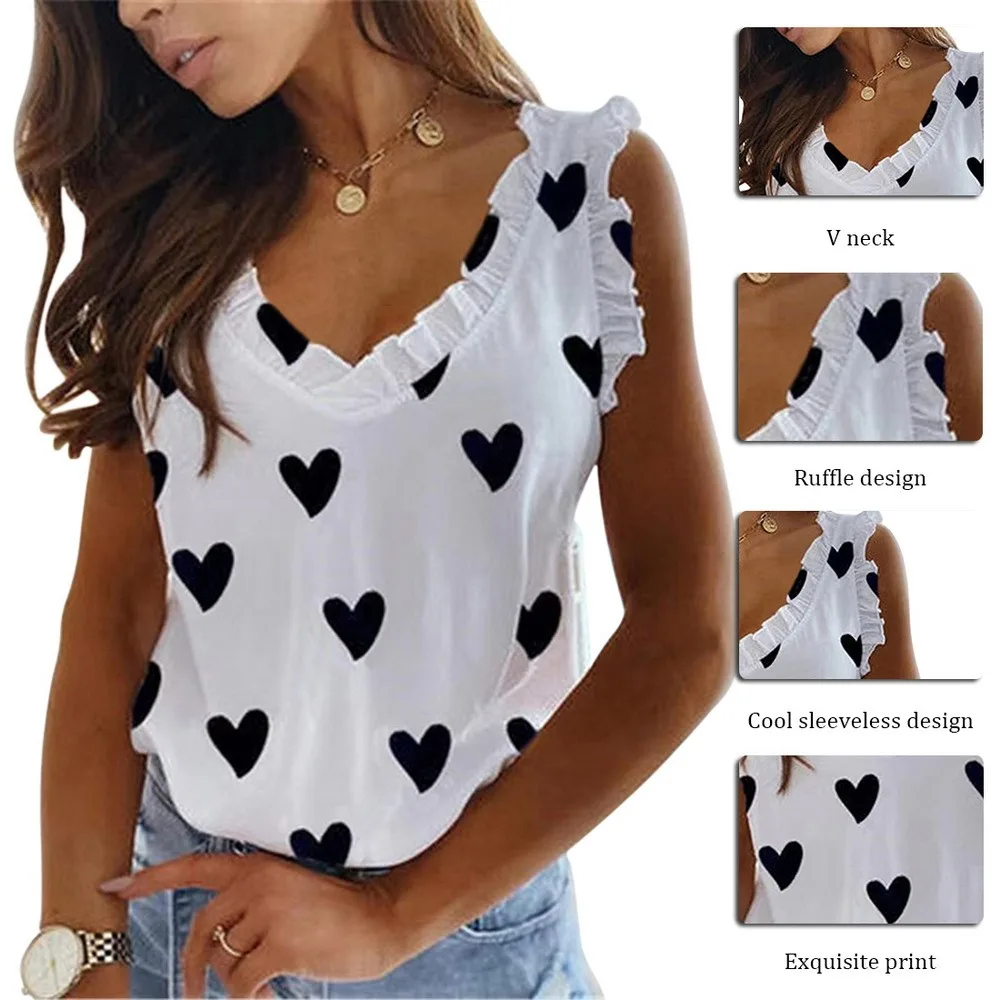 

Women Fashion Heart Print V-Neck Ruffled Pleat Sleeveless T-Shirt 2021 Summer Casual All-Match Vest Tops Elegant Ladies Clothing