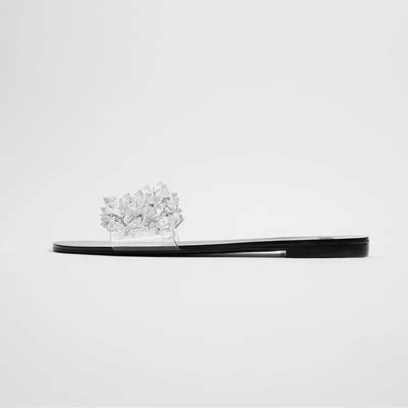 Женские сланцы с блестящими стразами пляжные тапочки прозрачным верхом на