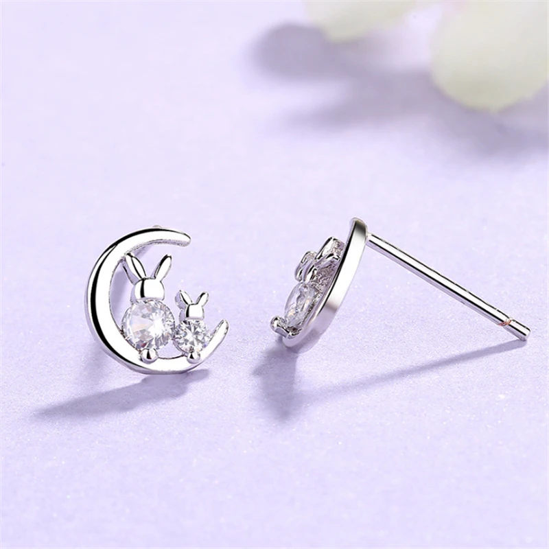 

Cute Whole Sale Mini Small Stud Earrings For Women Girls Rabbits On Moon Love Earing Tibetan Sliver Crystal Stones Jewelry