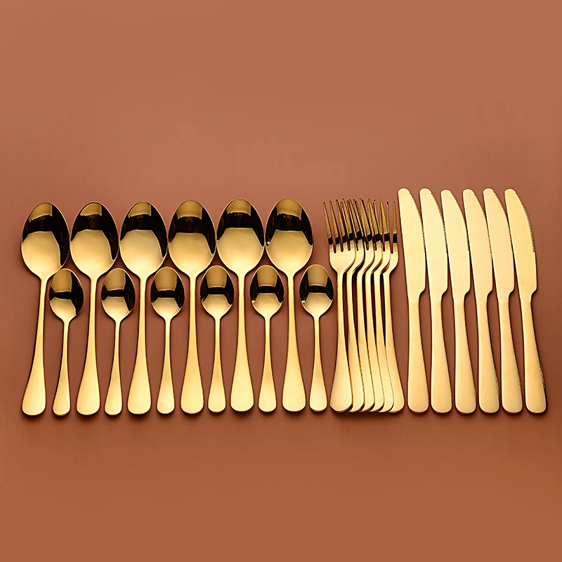 New Tableware Forks Knives Spoons Stainless Steel Golden Cutlery Set Silverware Gold 24 Pcs Complete | Дом и сад