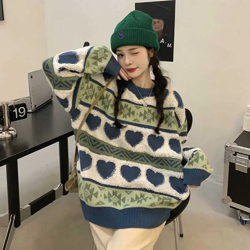 

Winter Warm Knitted Pullover Women Sweet Heart Shape Pattern Casual Hip Hop Sweatshirts Girl Japan Harajuku Loose Autumn Sweater