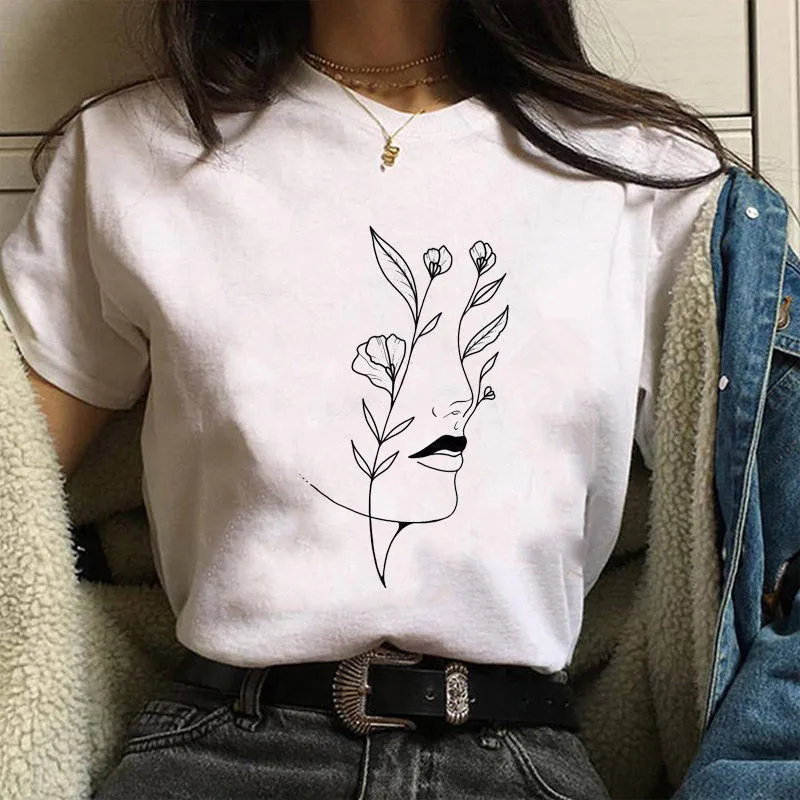 

Women's T-shirt Abstract Simple Line Graphic Print T-shirt Ulzzang Casual T-shirt Short Sleeve Summer Korean Top T-shirt Female