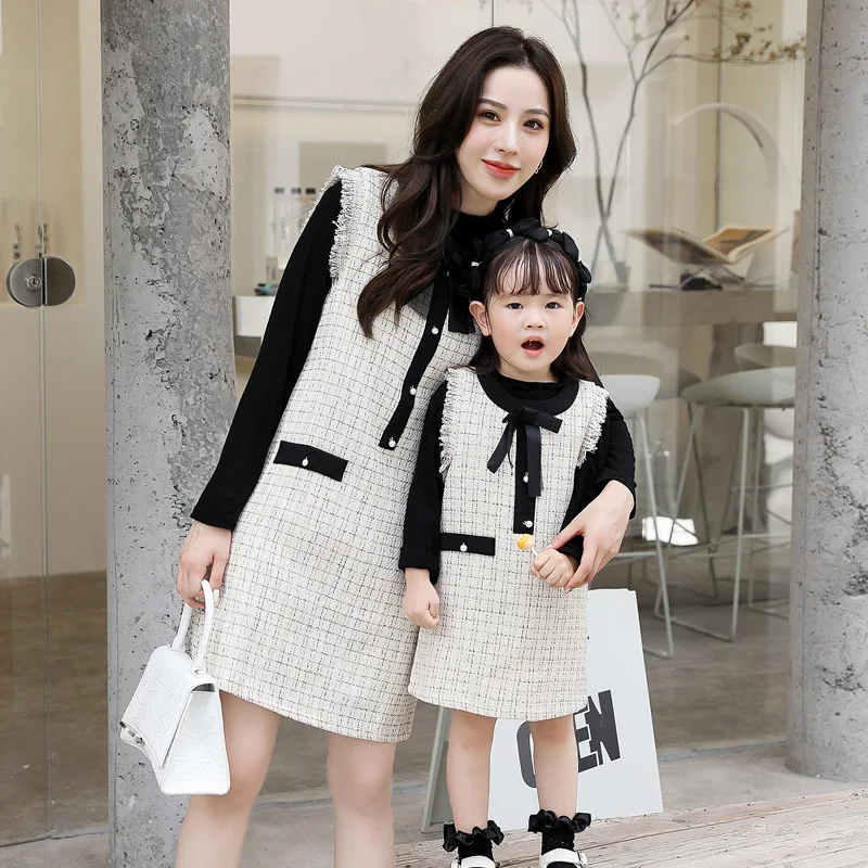

2022 Spring Mother Daughter Sets Top Dress Mom Kids Family Outfit Plaid Dress Tops Mommy Girls Matching Clothes Autumn Costume
