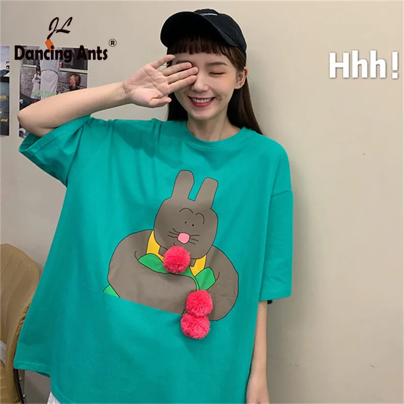 Женские футболки с мультяшным принтом свободные топы коротким рукавом и круглым