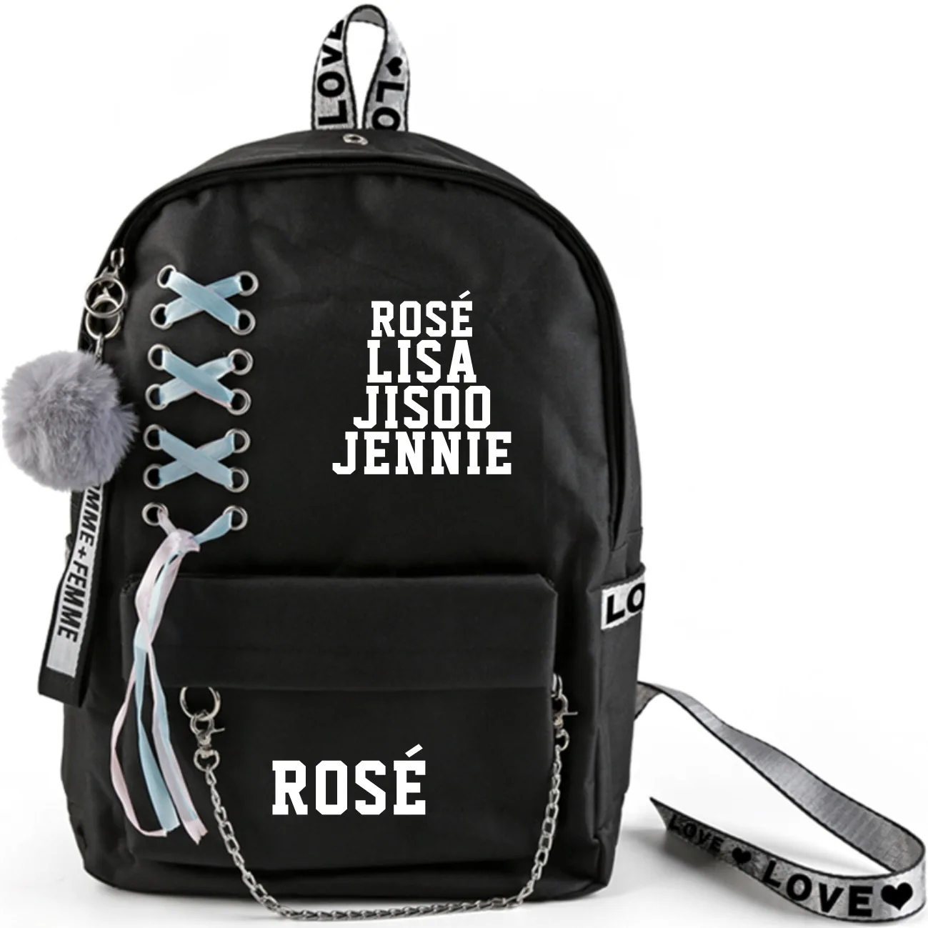 ROSE-2 Kpop Черный розовый рюкзак большой емкости школьная сумка с перекрещенной лентой плюшевый шар кулон Travel JENNIE JISOO Лиза Роза дорожная сумка - Цвет: ROSE-2