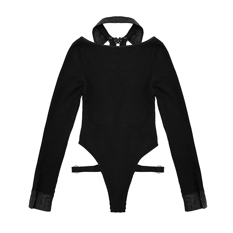 

Gothc Long Sleeve Bodysuit Women Tops Sexy V Neck Slim Hollow Out Womens Jumpsuit Autumn Winter Casual Basic Body Sexy