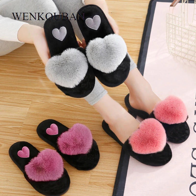 Меховые шлепанцы Женские зимние хлопковые тапочки с сердечками Теплая меховая