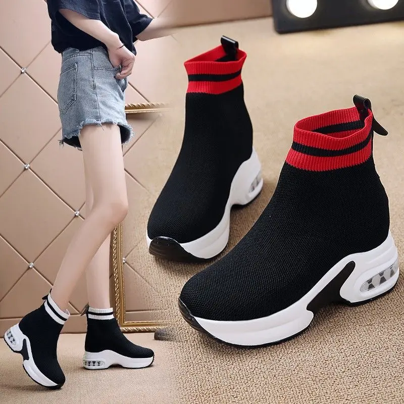 

Height Increasing Insole Stretch Sock Shoes Female 2021 Spring Internet Celebrity Knitted Platform High Top Ankle women Boots