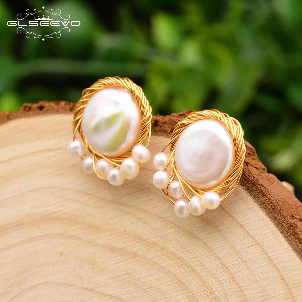 

GLSEEVO Original Natural Baroque Flat Fresh Water Pearl For Women Stud Earrings For Women Party Wedding Fashion Jewelry GE0646
