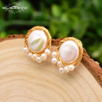 glseevo original natural baroque flat fresh water pearl for women stud earrings for women party wedding fashion jewelry ge0646