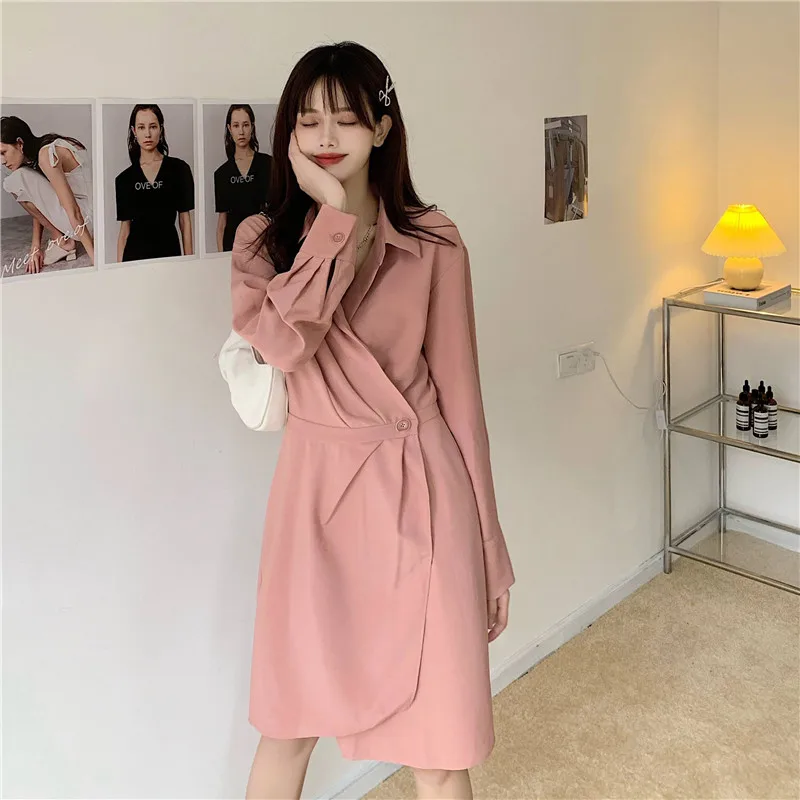 

Women Vintage Sashes A-line Party Dress Long Sleeve Notched Collar Solid Casual Elegant Dress 2020 Autumn New Fashion Dress