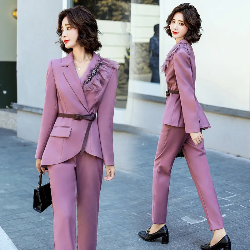 

Blazer 2 Piece Set Women Spring Autumn Work Wear Ruffles Belt Blazers Straight Pants Suit Two Piece Set Office Lady Outfits