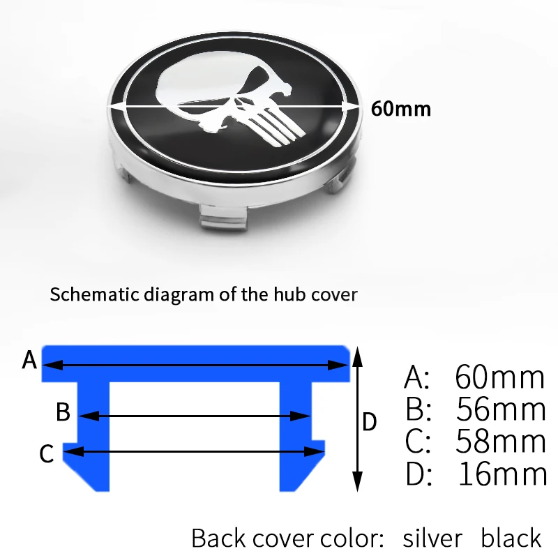 

4pcs 60mm auto parts fashion high quality skull logo wheel bottom cover wheel center sticker suitable for skull car decoration