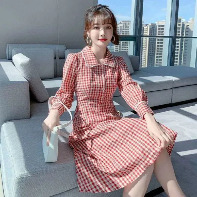

2021 New Spring Autumn Fashion Korean Peter Pan Collar Plaid Dresses Women Slim High Waisted Elasticity Knee-Leng Dress Y231